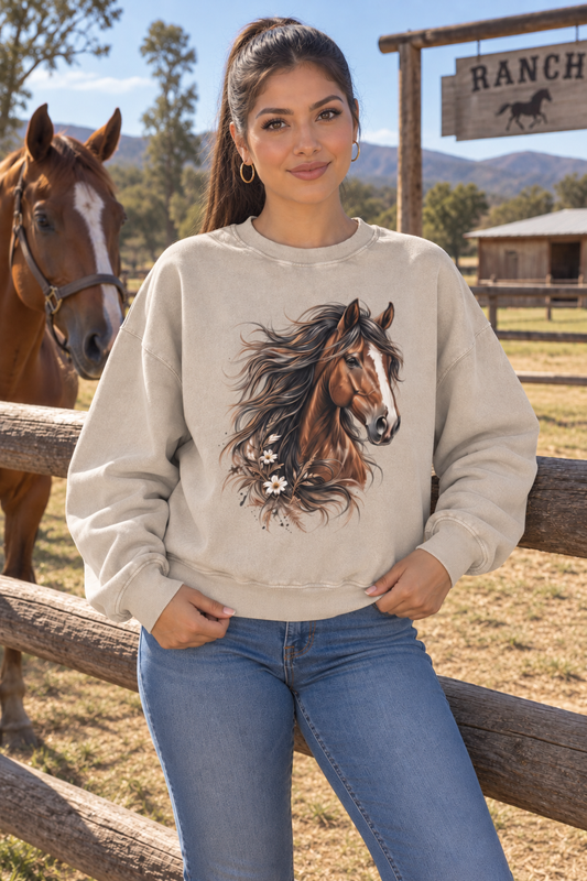 tan,brown,sweatshirts,sweatshirt,horse,wildflower,white,country,women,girls,juniors,oversized