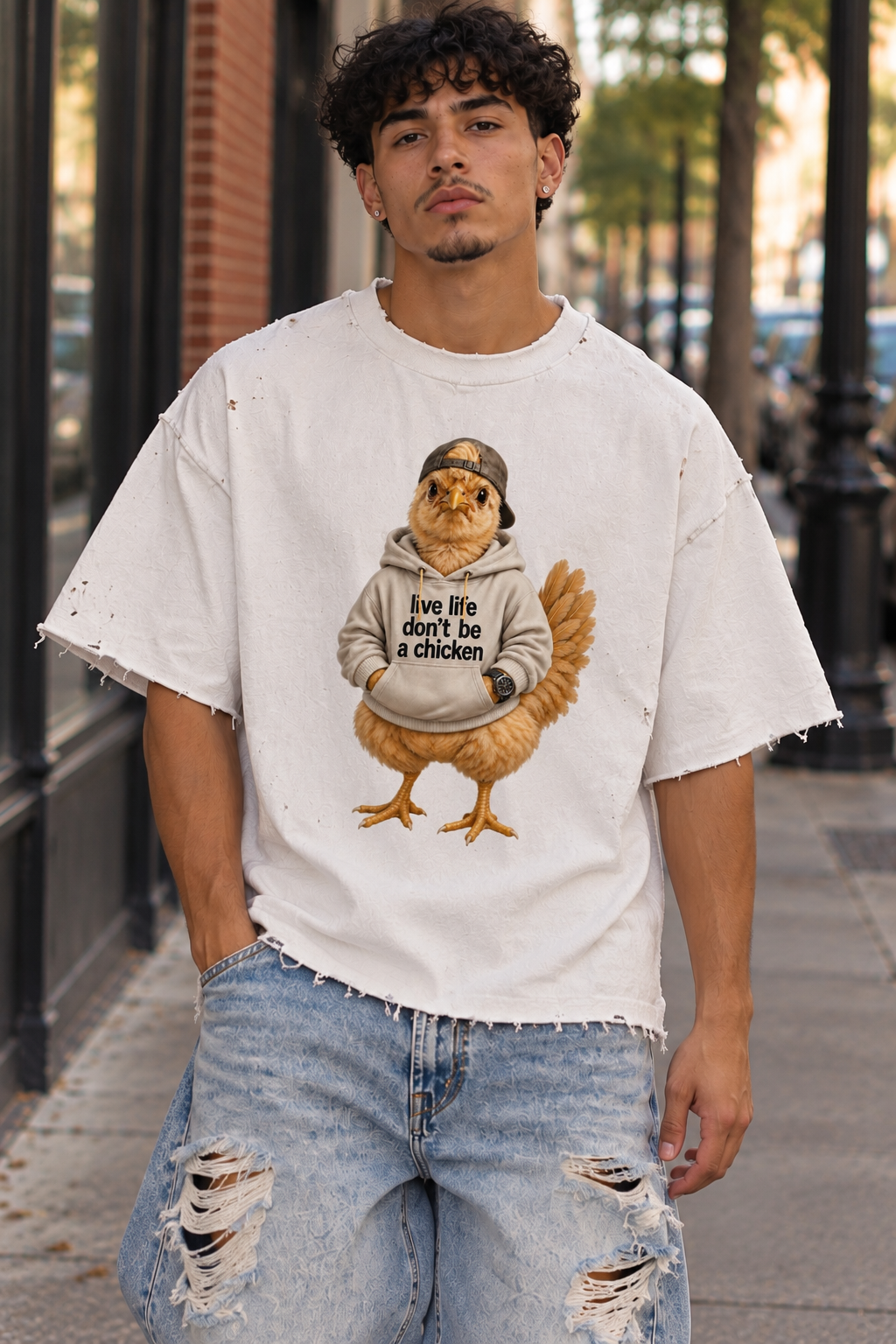 Live Life, Don’t Be a Chicken  Vintage Frayed Boxy Graphic Tee