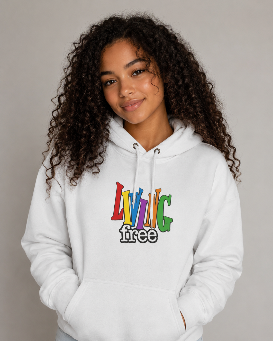 Living Free Colorblock Hoodie — Retro Rainbow Graphic Pullover