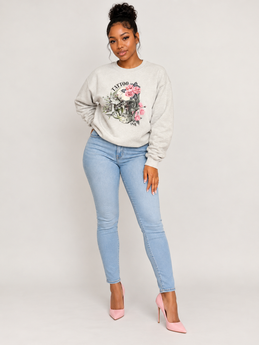 Floral Skull Tattoo Graphic Sweatshirt