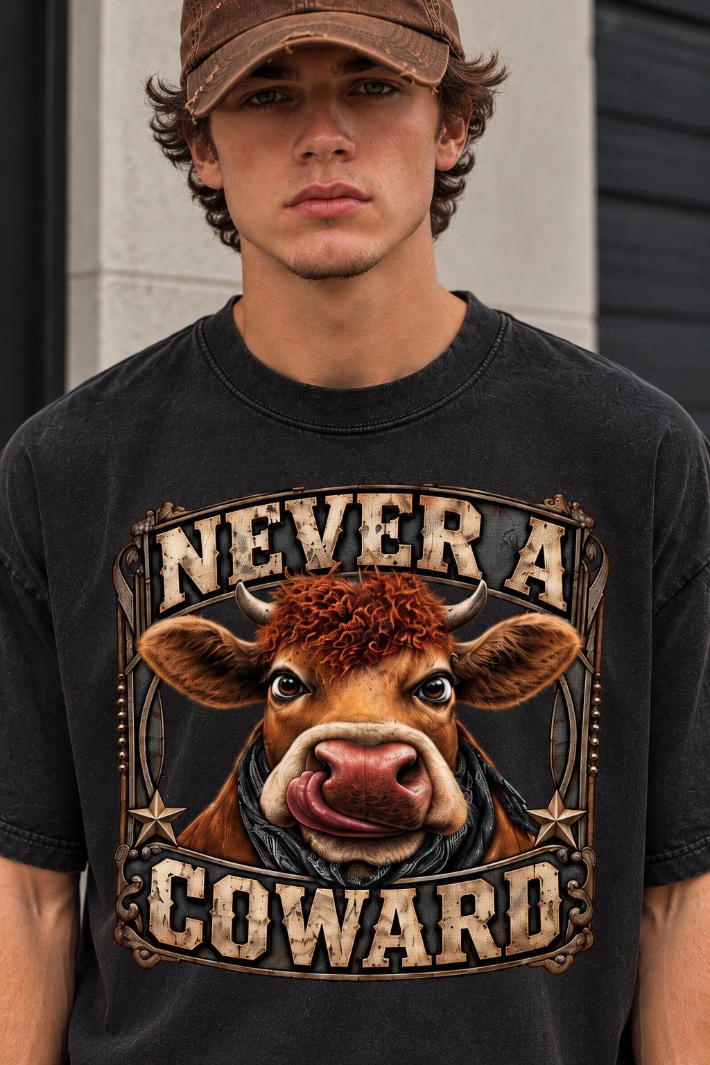 Never A Coward  Snow Washed Raw-Hem Tee