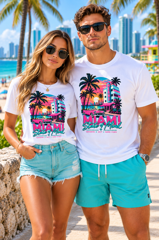 Neon,aqua,teal,pink,Tees,Tee,white,travel,vacation,Miami,Florida,beachwear,beach,sunset,sunrise,unisex,men,women,ocean