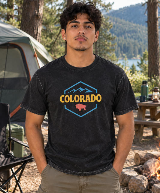 Black,blue,pink,yellow,Tee,Tees,unisex,colorado,bison,mountains,girls,boys,women,men,youth,juniors,outdoors,outdoorsy,salmon,retro,hiking