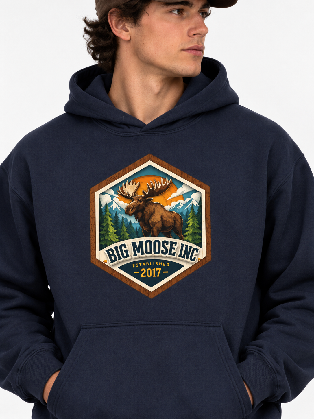 navy,blue,hoodie,hoodies,moose,orange,brown,sunset,mountains,outdoorsy,vinatge,streetwear,unisex,men,women,girls,boys,juniors,youth,camping