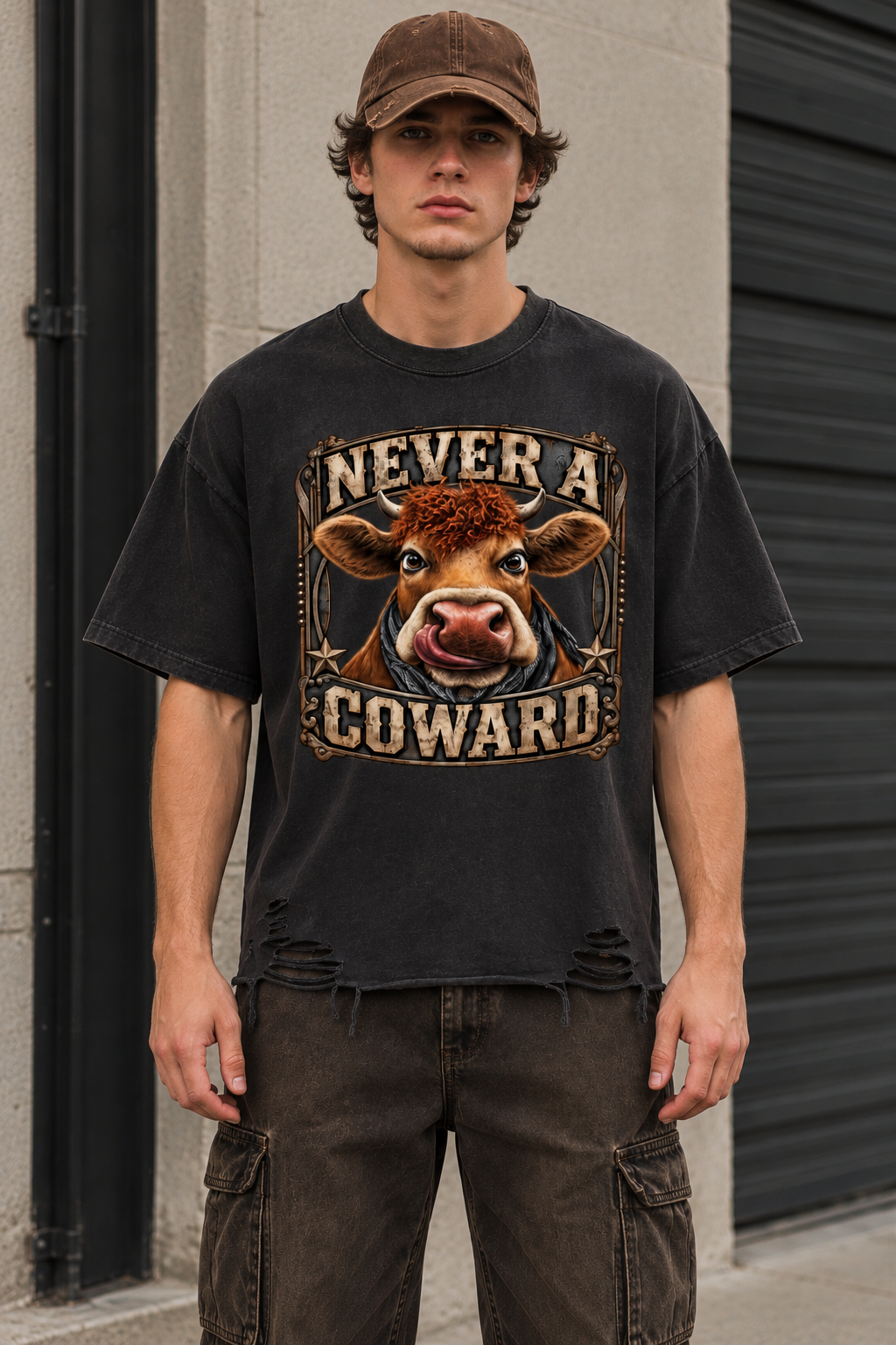 Never A Coward  Snow Washed Raw-Hem Tee
