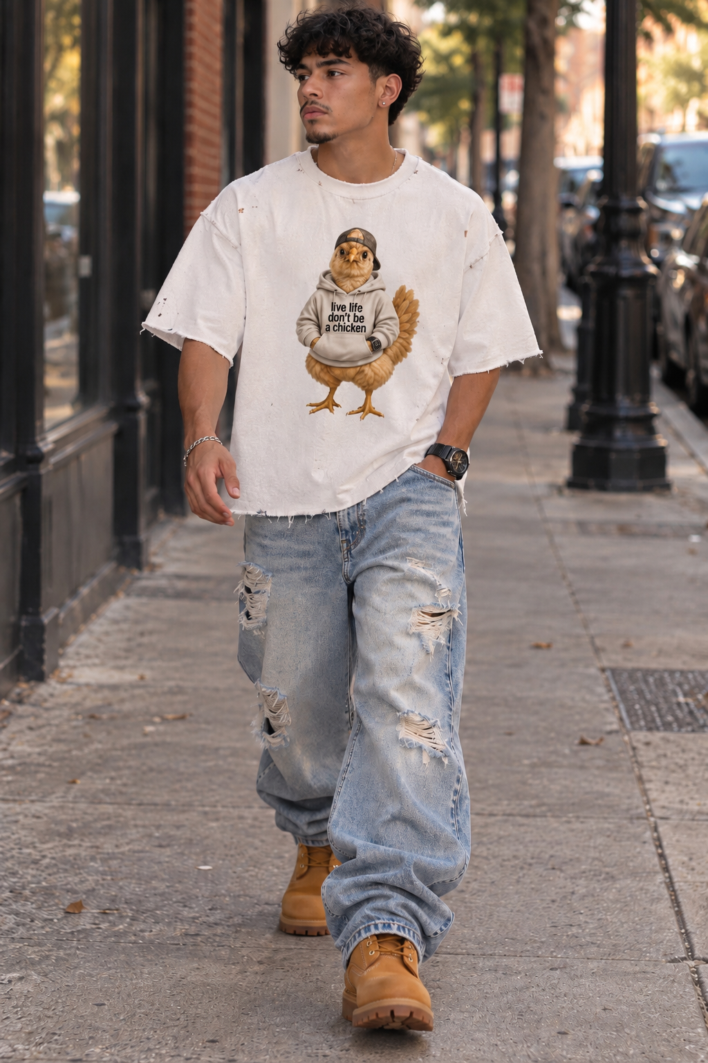 Live Life, Don’t Be a Chicken  Vintage Frayed Boxy Graphic Tee
