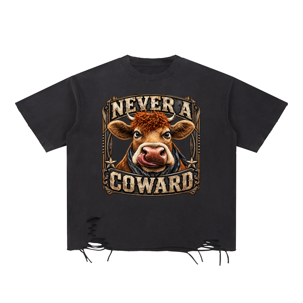 Never A Coward  Snow Washed Raw-Hem Tee