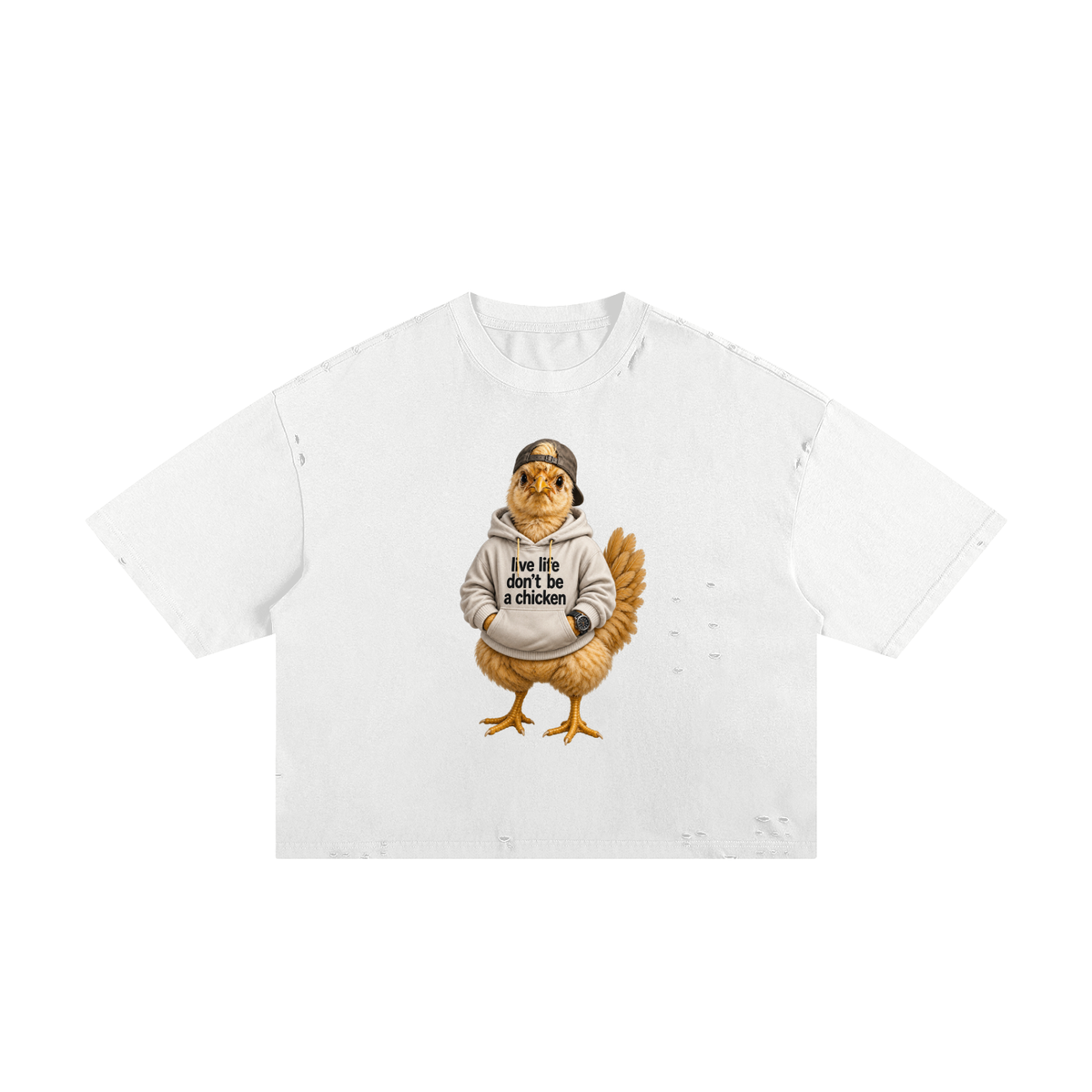 Live Life, Don’t Be a Chicken  Vintage Frayed Boxy Graphic Tee